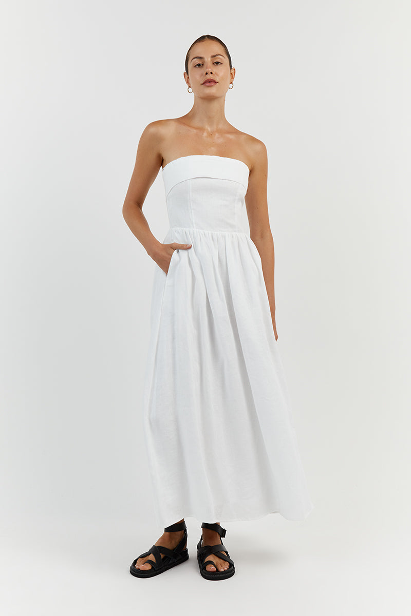 white strapless midi dress